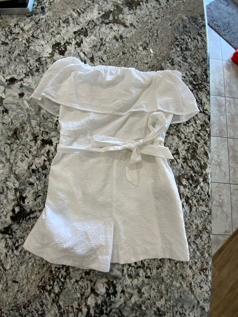 Bar III White Eyelet Off-Shoulder Romper with Waist Tie